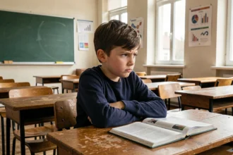 Enfant isolé assis seul dans une salle de classe vide, bras croisés devant un manuel scolaire ouvert, illustrant les troubles du comportement à l'école
