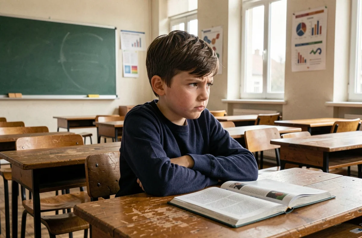 Enfant isolé assis seul dans une salle de classe vide, bras croisés devant un manuel scolaire ouvert, illustrant les troubles du comportement à l'école