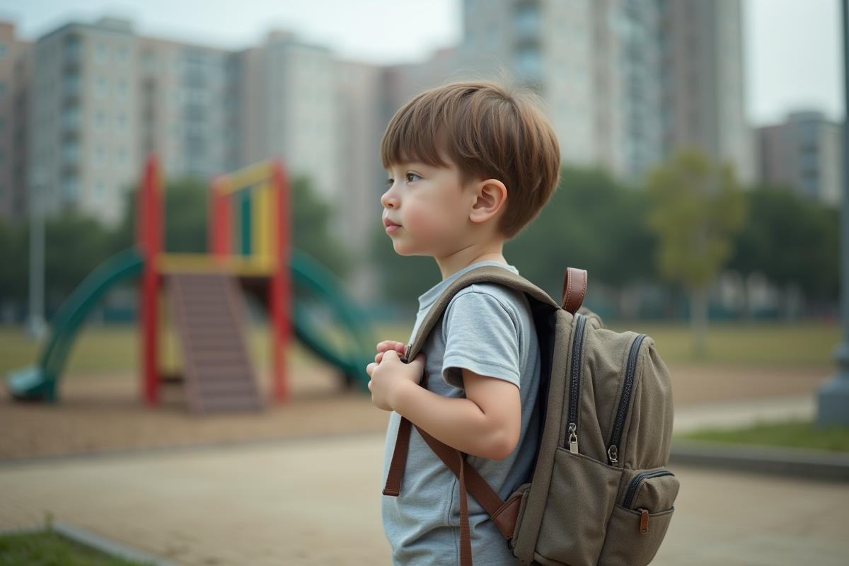 Enfant de six ans dans un parc urbain pensif