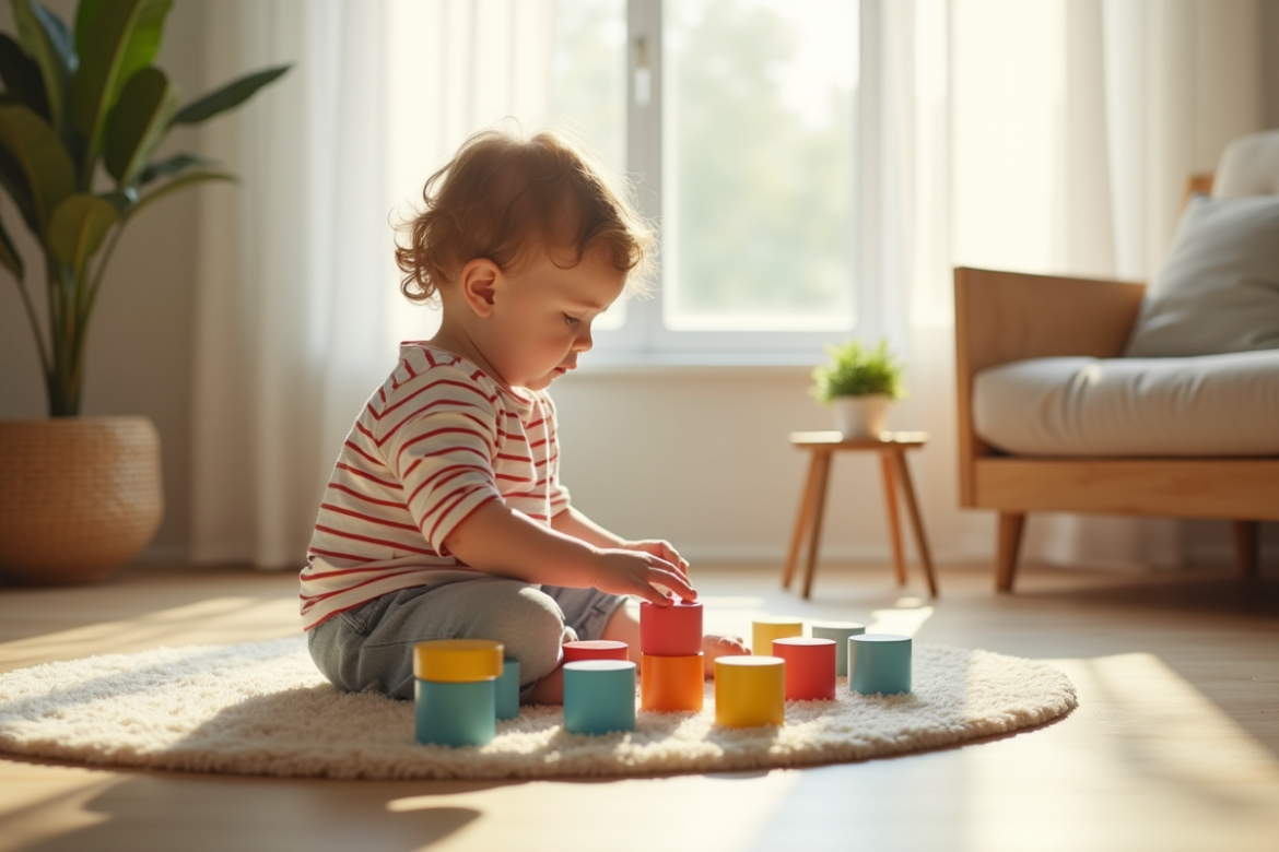 Bébé jouant avec des blocs en bois dans un salon lumineux