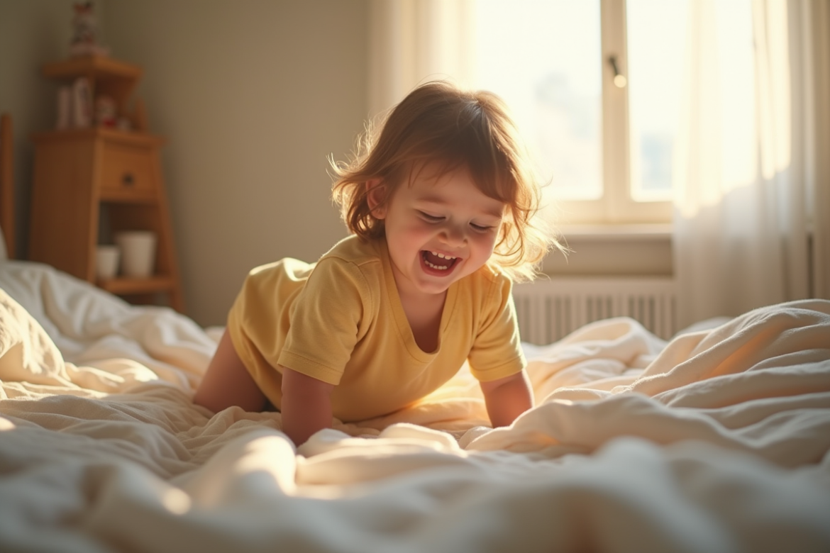 Enfant joyeux faisant son lit dans une chambre lumineuse
