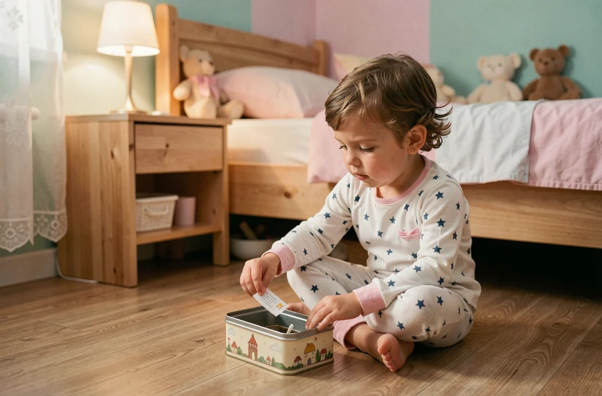 Enfant en pyjama déposant une lettre pour la petite souris sous son oreiller dans sa chambre