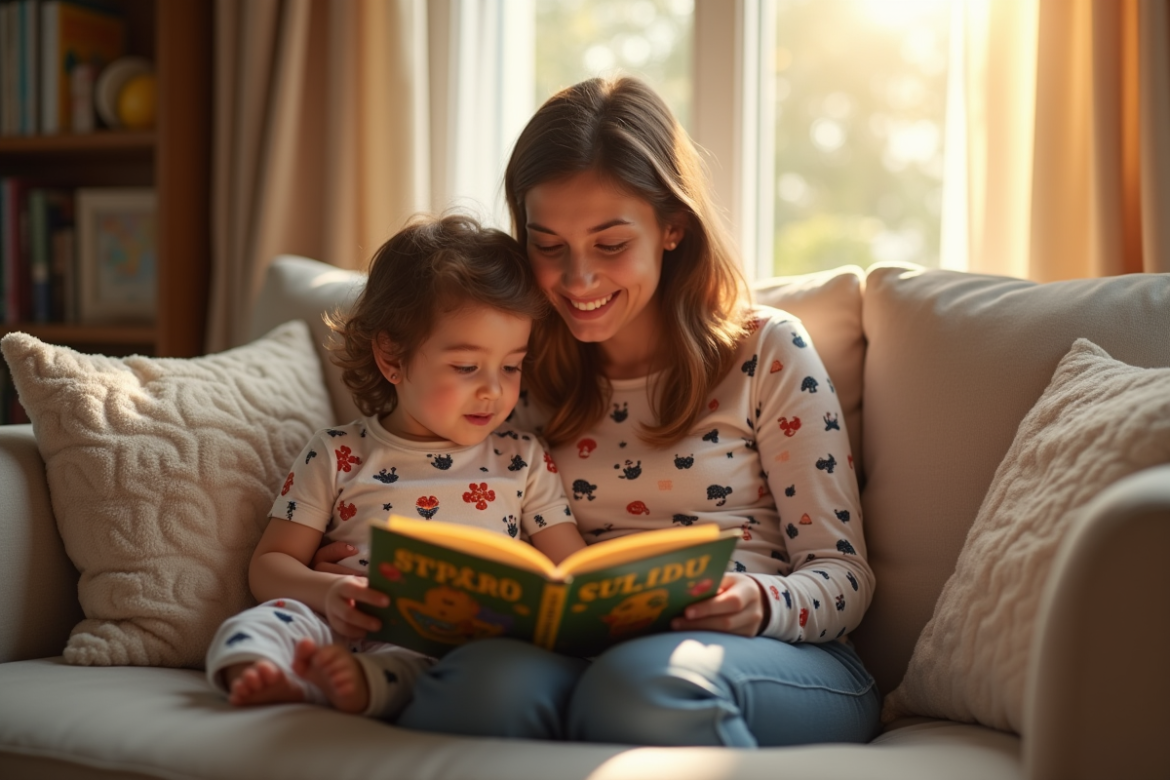 Jeune enfant lisant un livre coloré avec un parent dans un salon chaleureux