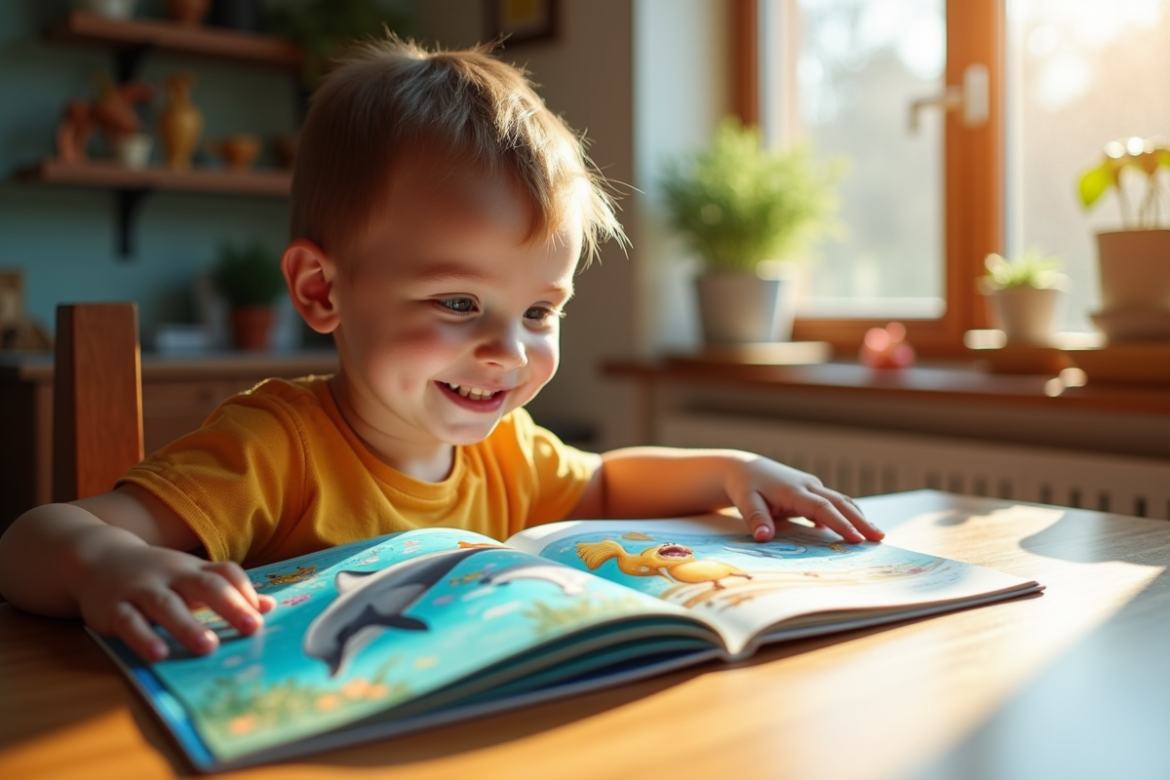 Jeune enfant lisant un livre illustré d'un dauphin un chien et un canard