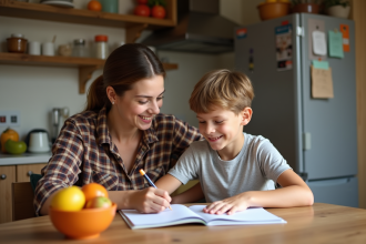 Garçon de 6 ans et sa mère à la cuisine partageant un moment d'apprentissage