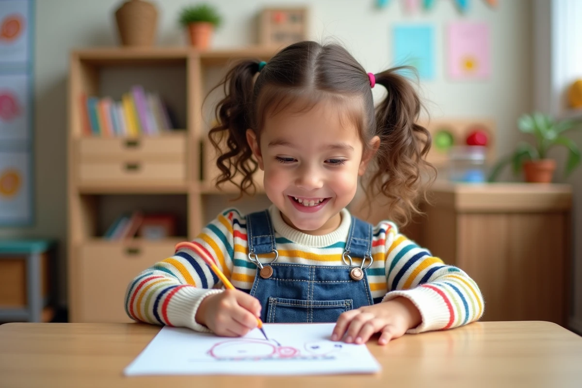 Jeune fille de maternelle pointant un dessin d'escargot
