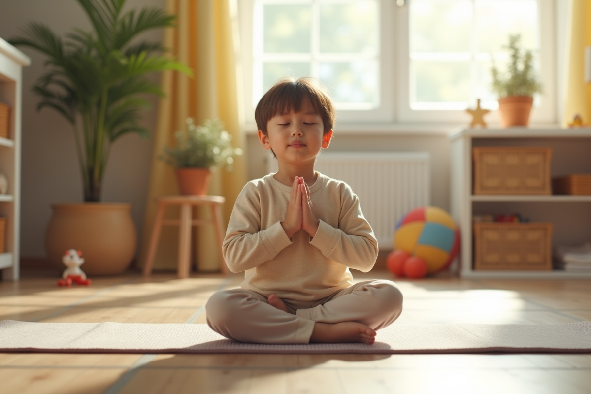 Enfant faisant des exercices de respiration dans une chambre lumineuse