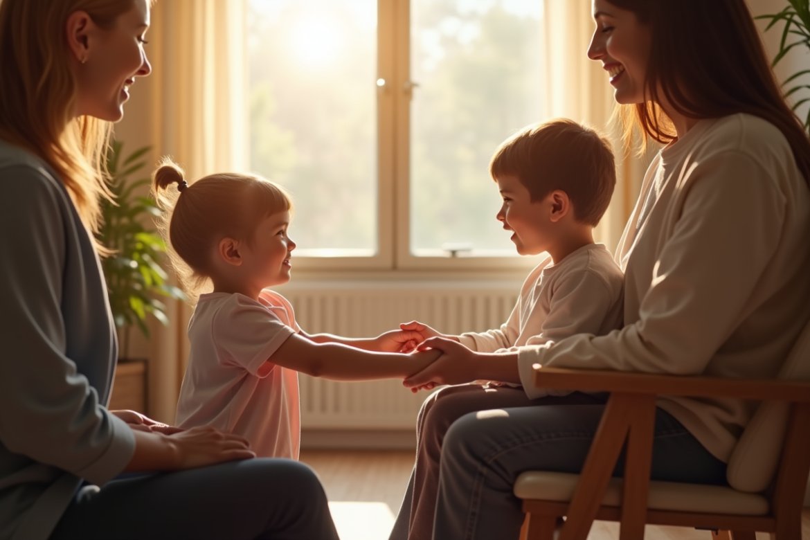 Enfant tenant la main d'un thérapeute dans une salle chaleureuse