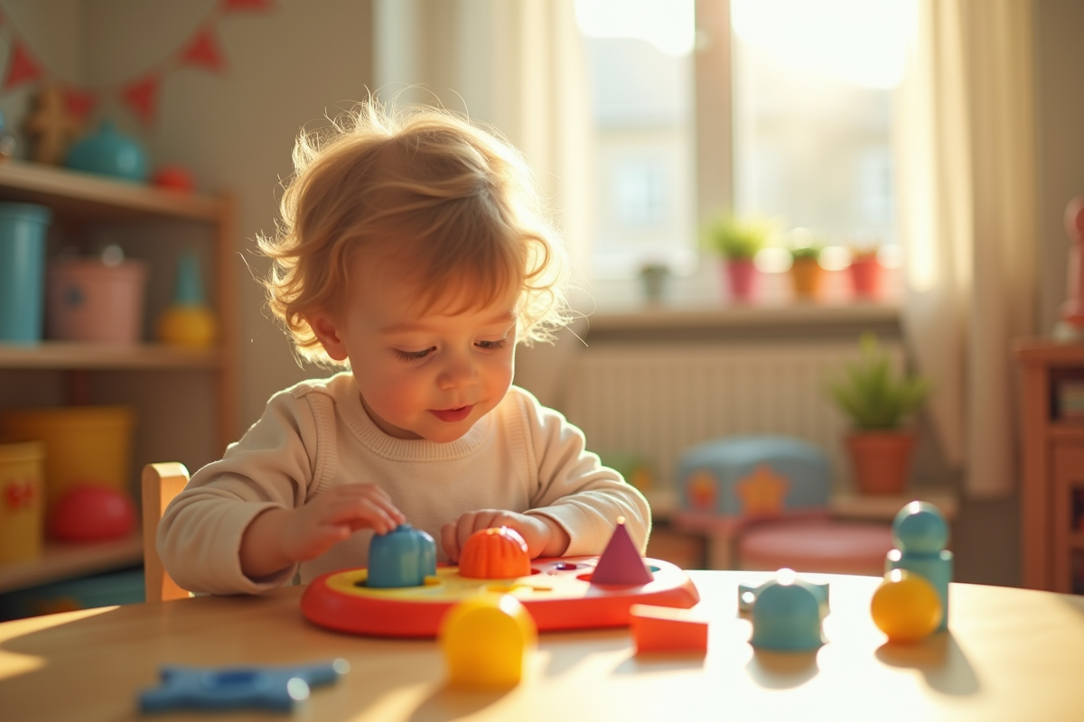 Jeune enfant triant des formes dans une nurserie ensoleillee