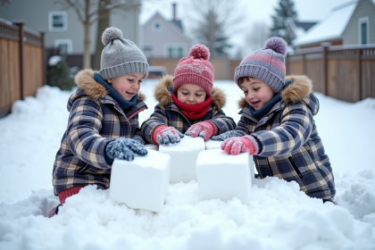 Trois enfants construisent un fort en neige dans le jardin