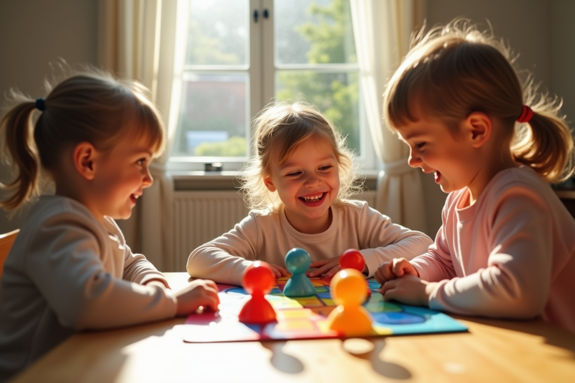Trois enfants jouent au jeu de l'oie en famille