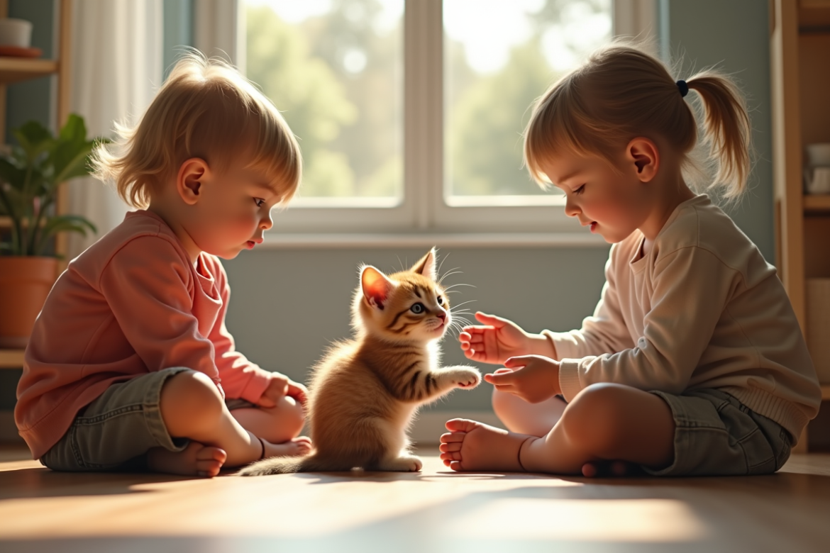 Deux enfants jouent avec un chaton tricolore en lumière naturelle