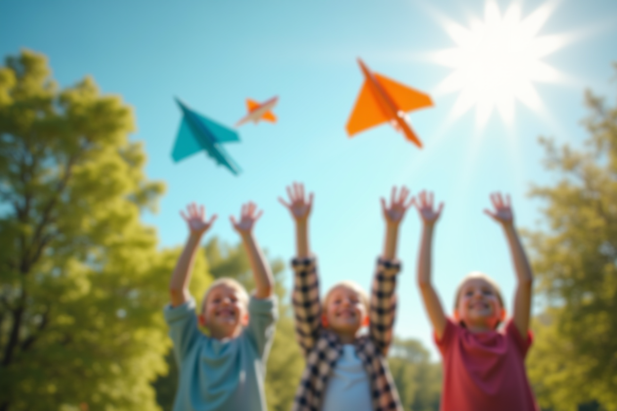 Trois enfants lançant des avions en papier dans un parc ensoleille