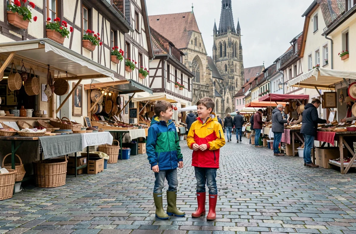 Enfants explorant un marché de village historique en Bade-Wurtemberg avec des maisons à colombages allemandes pendant les vacances scolaires
