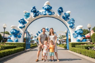 Famille souriante à l'entrée du Parc des Schtroumpfs à Metz avec décors bleus et blancs