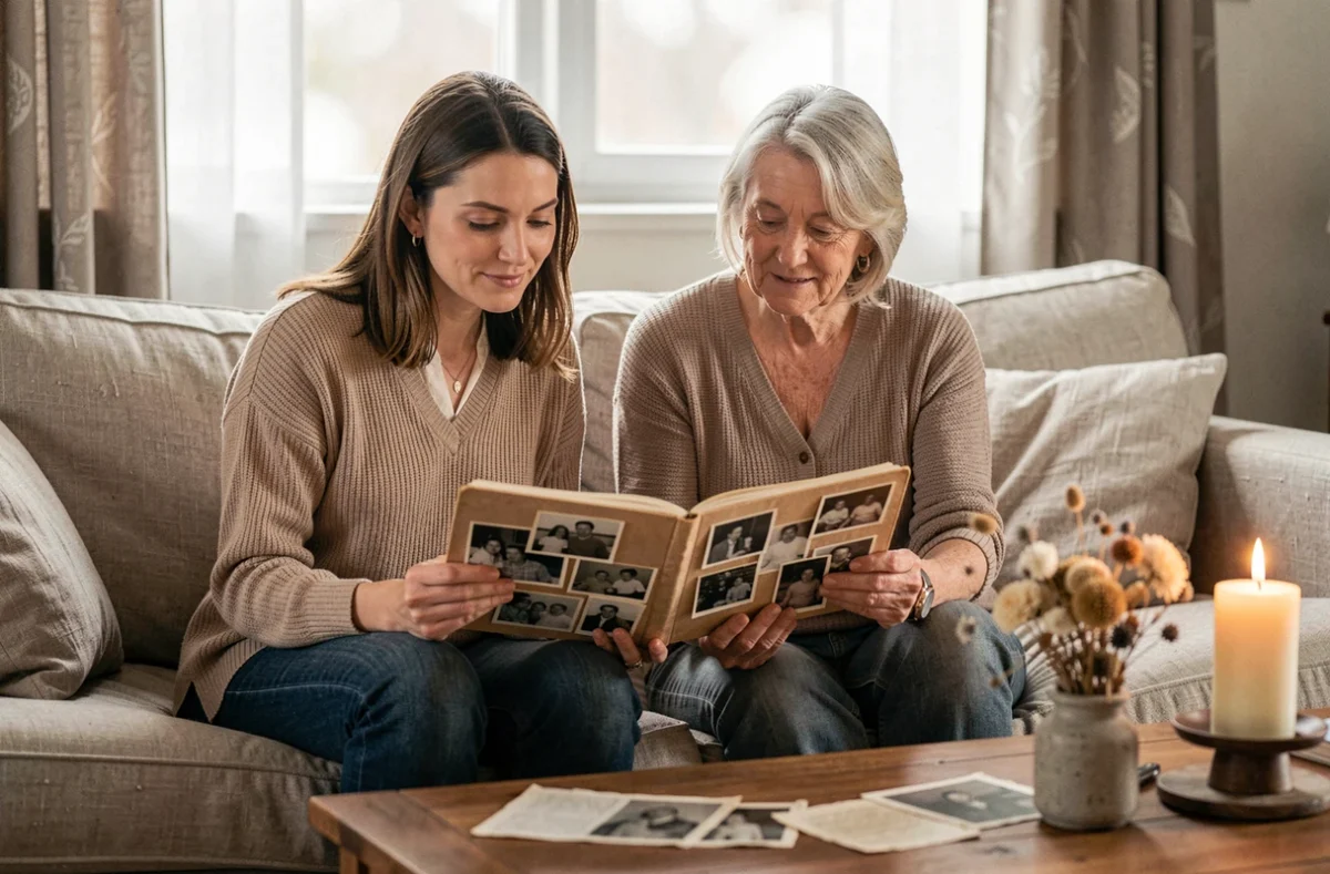 Deux femmes feuilletant ensemble un album photo en souvenir d'une tante disparue