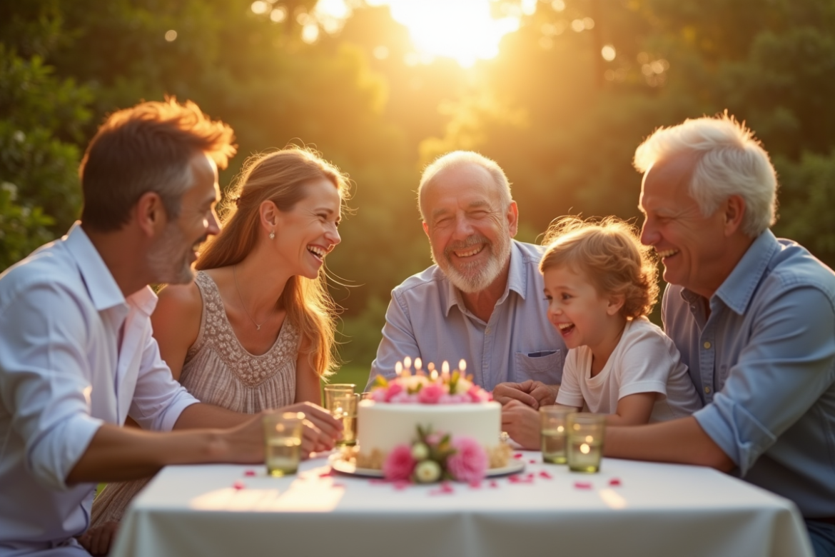 Famille célébrant anniversaire en plein air