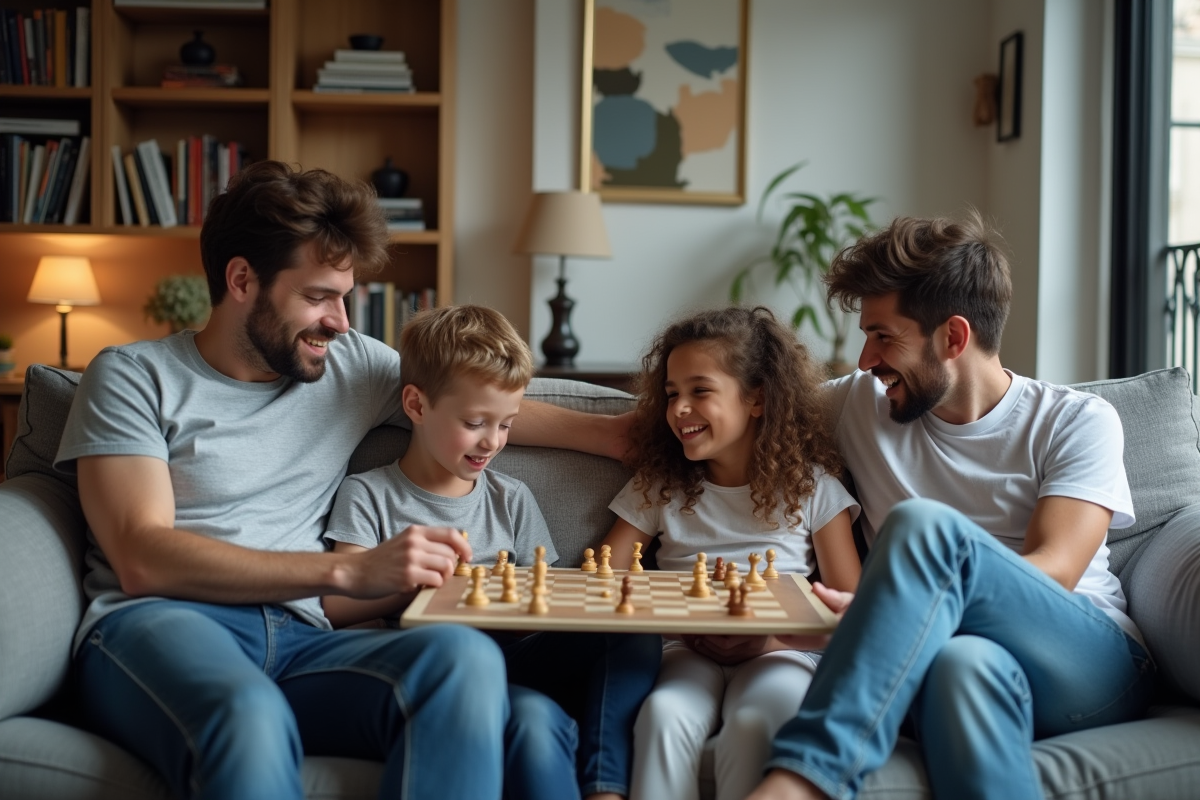 Famille dans un salon moderne à Paris en jouant à un jeu de société