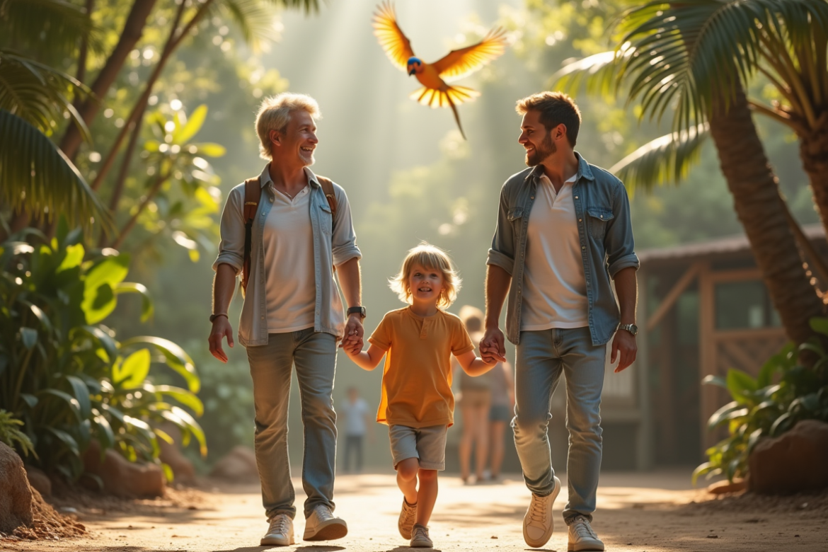 Famille souriante dans une volière tropicale ensoleillée