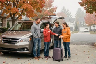 Famille canadienne chargeant une voiture pour partir en vacances scolaires en automne