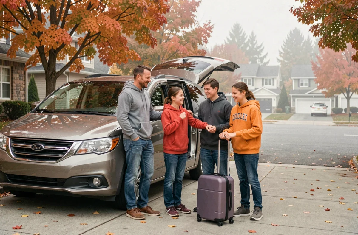 Famille canadienne chargeant une voiture pour partir en vacances scolaires en automne