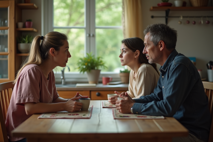 Famille autour d'une table en cuisine paisible