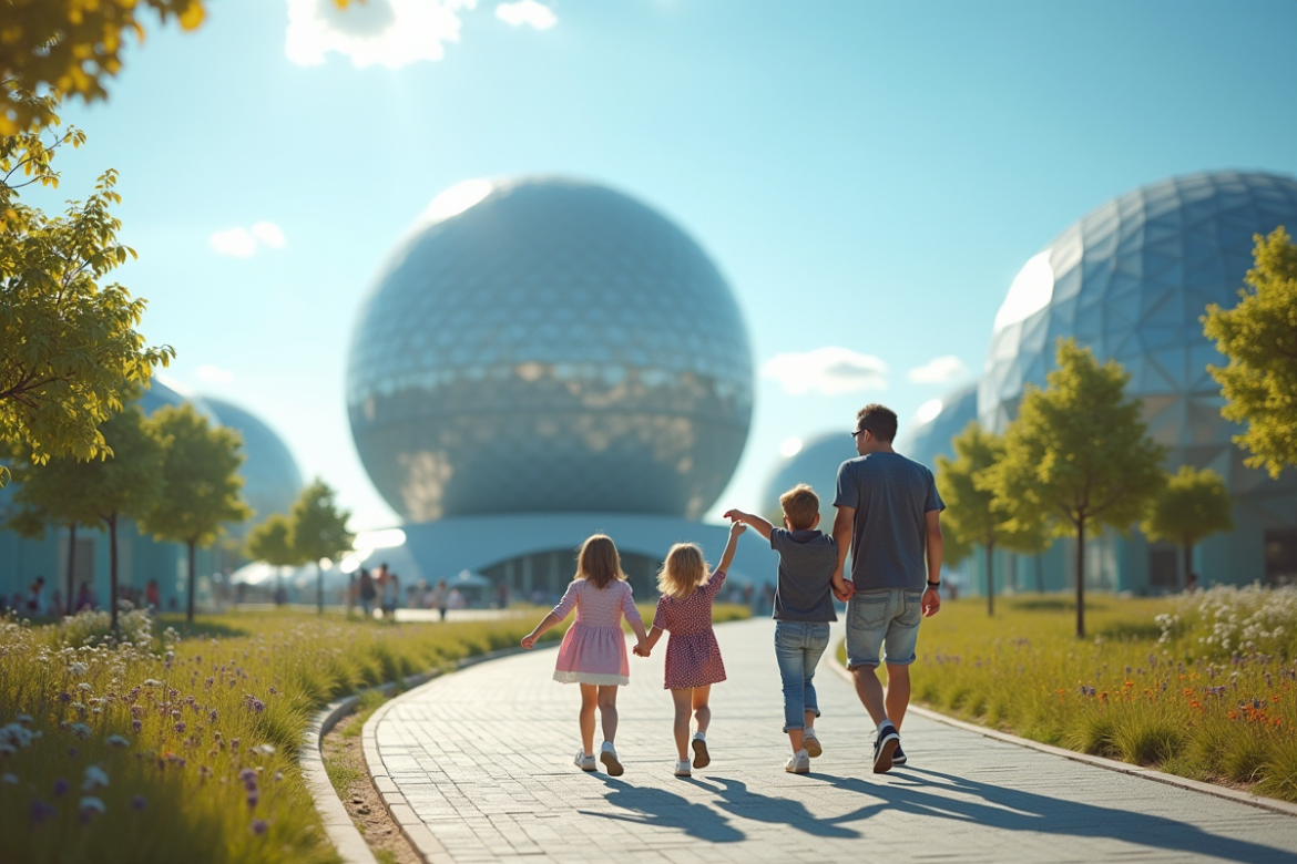 Famille marchant vers la sphere emblématique de Futuroscope sous un ciel bleu