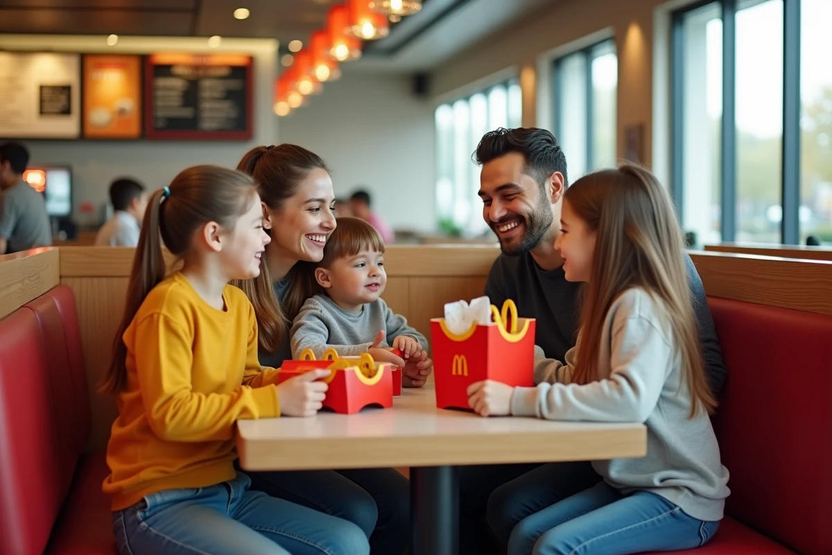 Famille de quatre personnes attablée dans un McDonald's moderne, parents et enfants partageant des Happy Meals avec leurs jouets sur la table