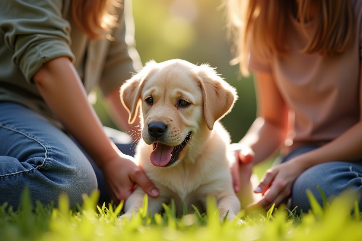 Famille jouant avec un chiot labrador dans le jardin
