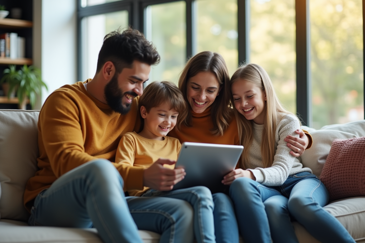 Famille moderne assise sur un canapé lumineux