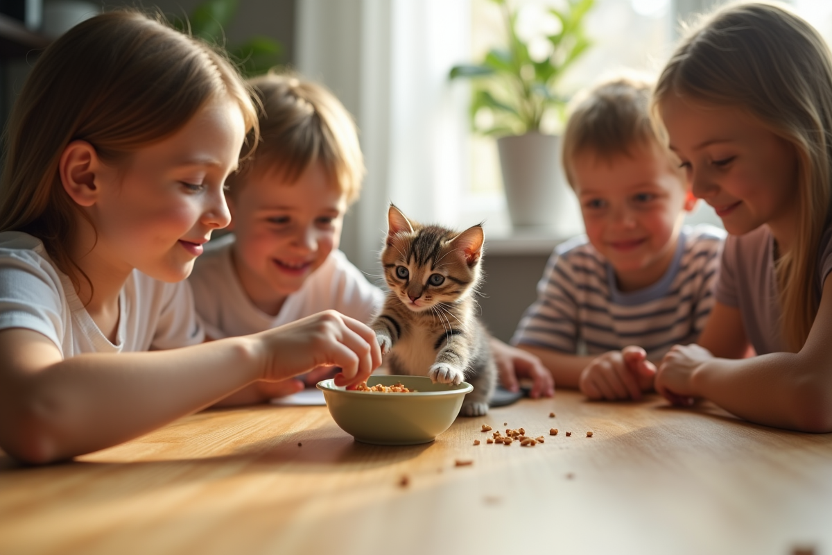 Famille nourrissant un chaton tricolore au petit déjeuner