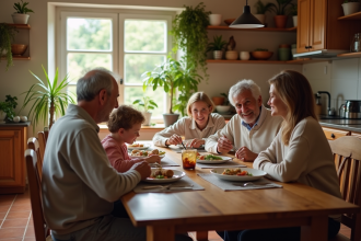 Famille multigenerations française partageant un repas convivial