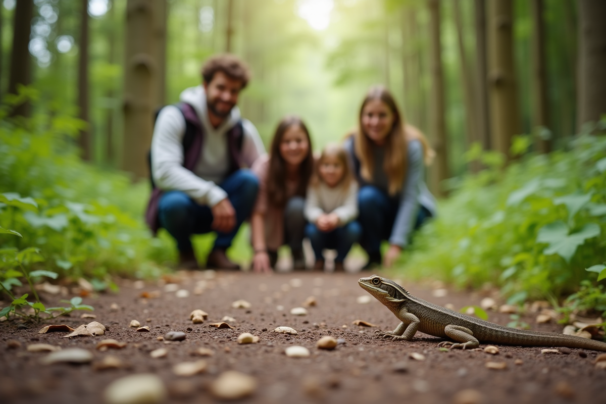 Famille souriante observant un lézard en nature