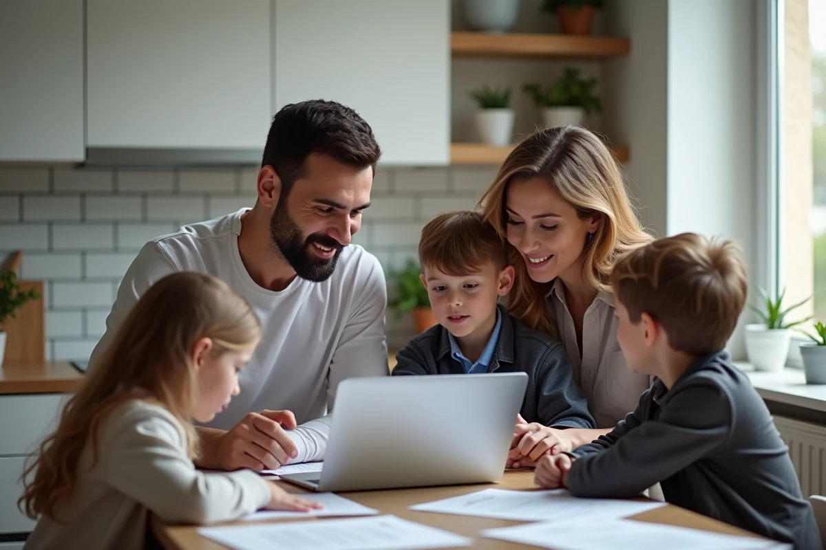 Famille recomposée réunissant parents et enfants autour de documents notariaux sur une table de cuisine