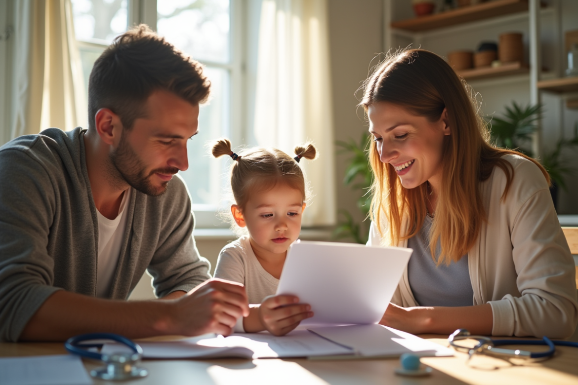 Famille française vérifiant le carnet de santé à la maison