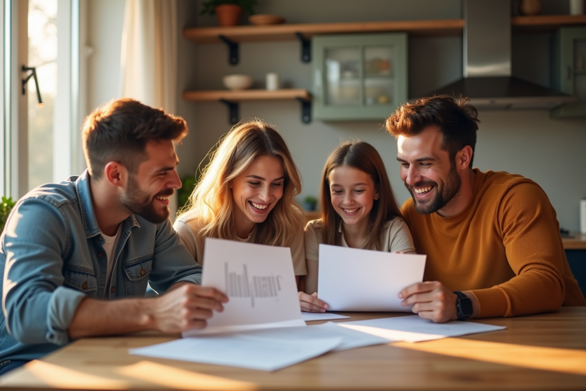 Famille souriante lisant des documents CAF à la maison