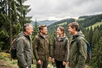 Famille en vacances scolaires dans la Forêt-Noire du Bade-Wurtemberg en Allemagne, entourée de pins et de collines verdoyantes