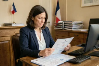 Femme consultant un acte de naissance dans un bureau d'état civil de mairie