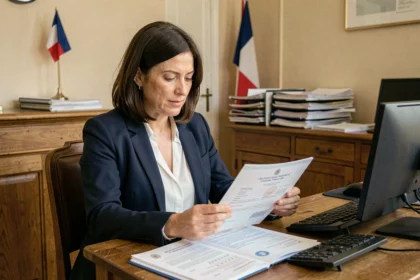 Femme consultant un acte de naissance dans un bureau d'état civil de mairie