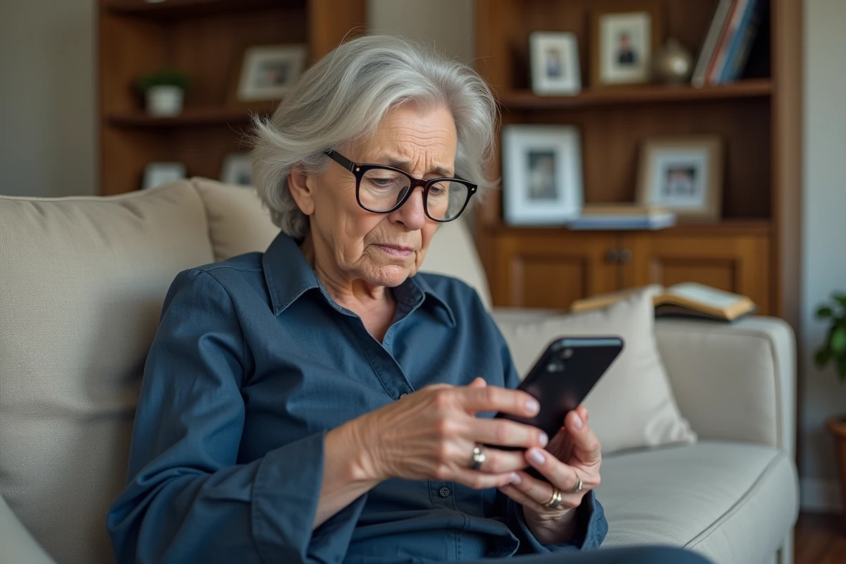 Femme âgée sur un canapé regardant son smartphone avec une expression de tristesse en attendant un message de sa fille