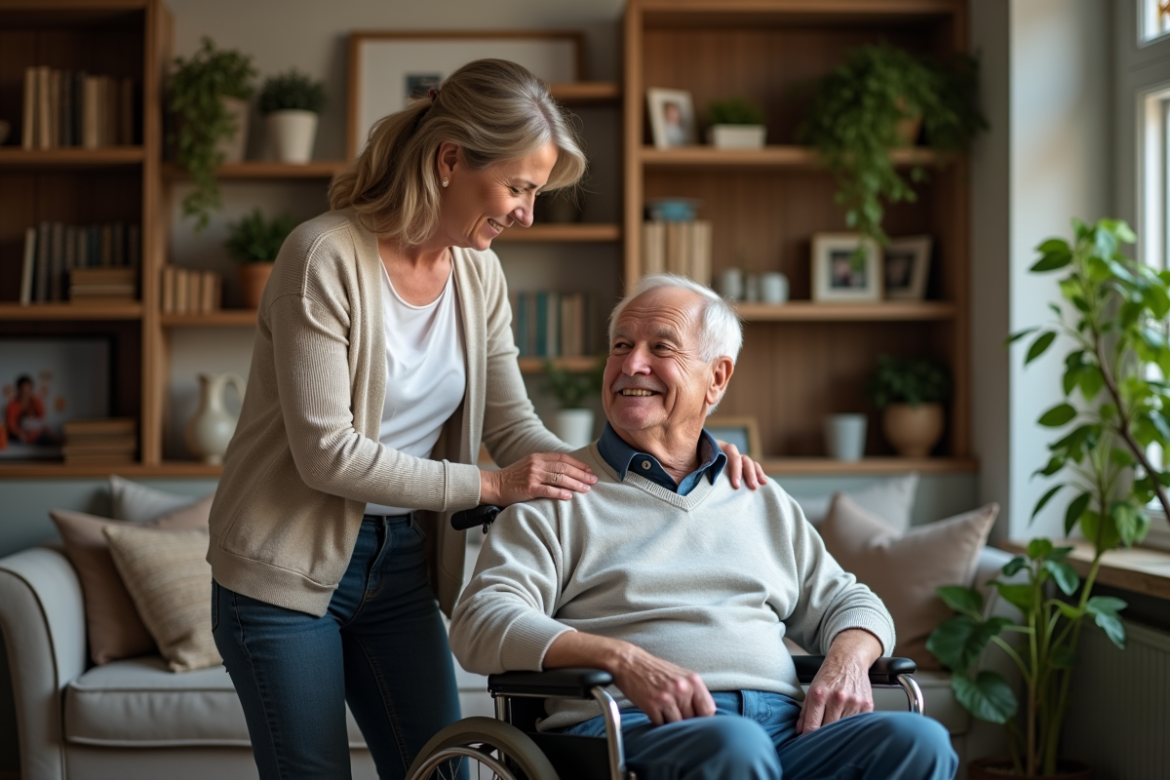 Femme aidant un senior en fauteuil dans un salon chaleureux