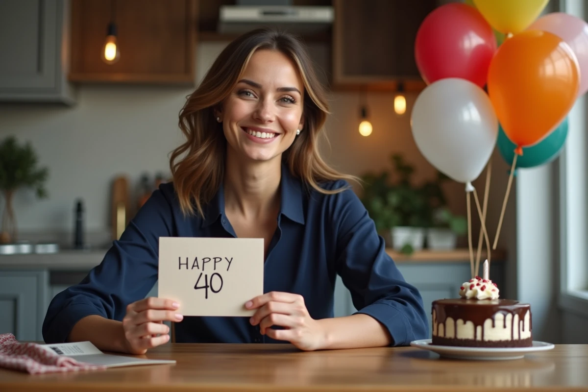 Femme souriante fêtant ses 40 ans avec carte et décoration