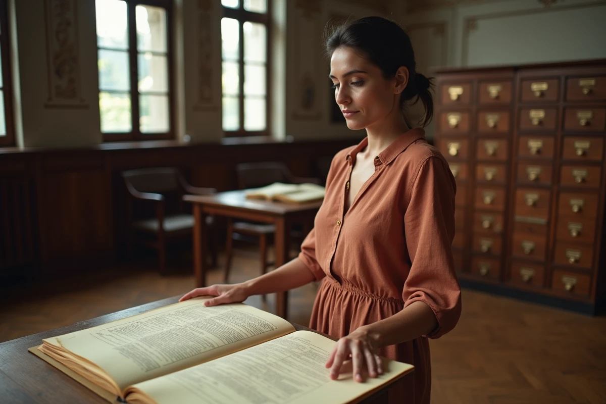 Femme consultant des archives généalogiques dans une salle d'archives municipale française, recherchant les origines et l'histoire de sa famille