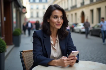 Femme assise dans un café parisien en tailleur navy