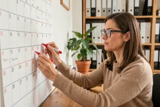 Femme organisant un calendrier de semaines paires et impaires sur un grand calendrier papier dans un bureau à domicile