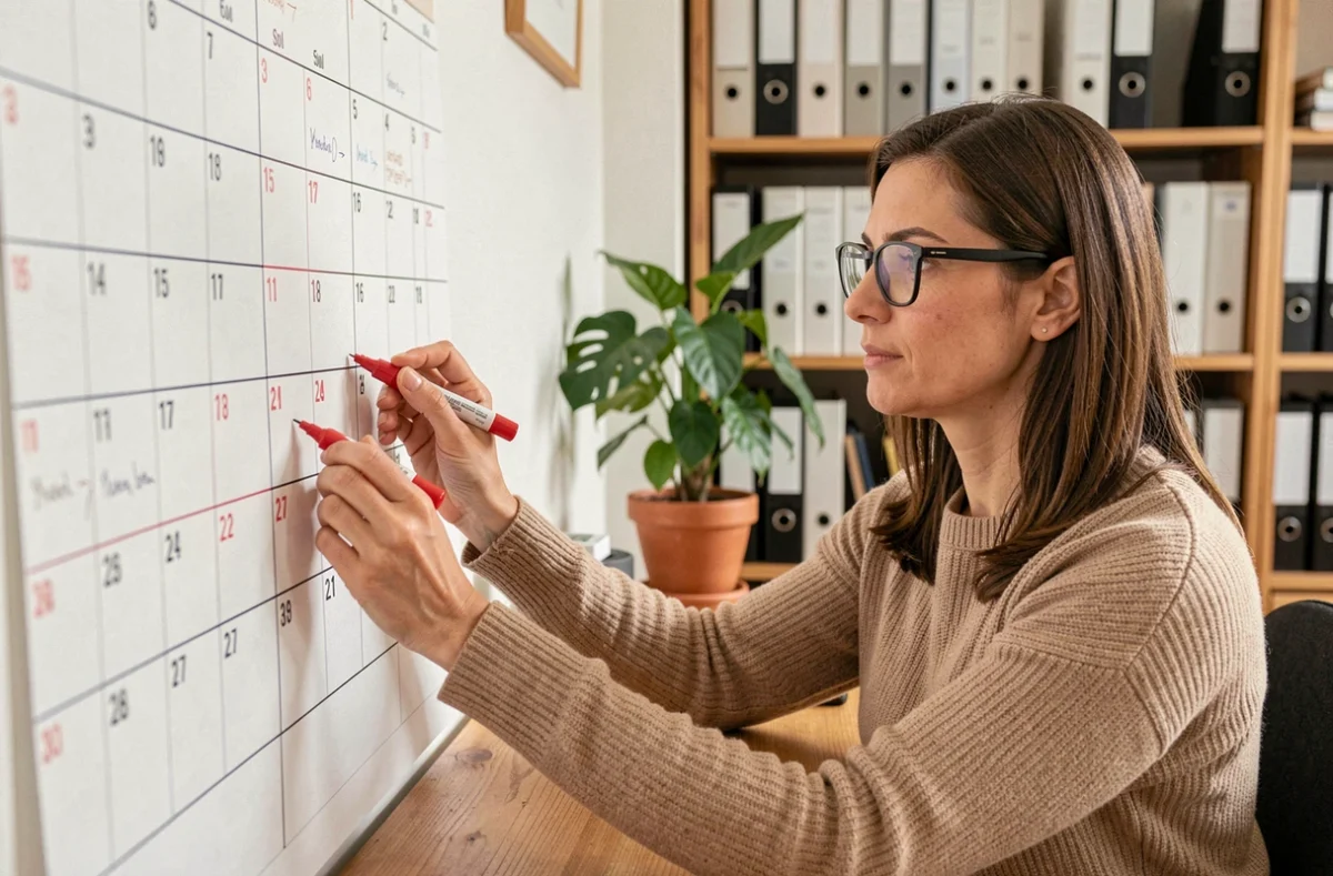 Femme organisant un calendrier de semaines paires et impaires sur un grand calendrier papier dans un bureau à domicile