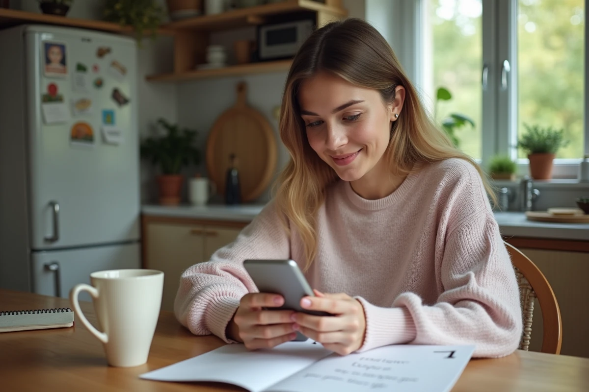 Femme souriante avec carte dans une cuisine chaleureuse