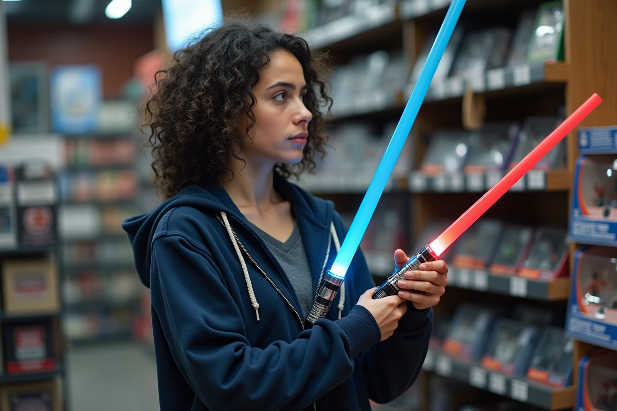 Femme comparant deux sabres laser jouets dans un magasin de collection spécialisé
