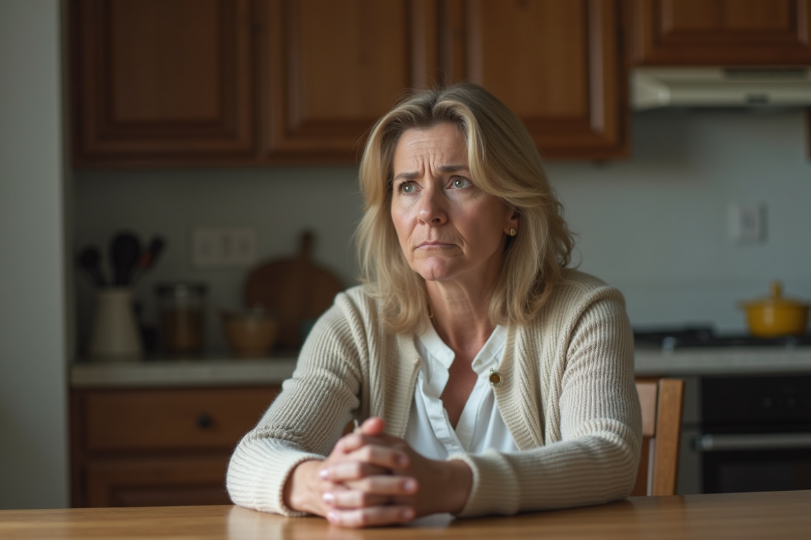 Femme pensant dans une cuisine familiale chaleureuse
