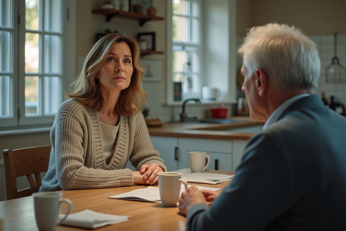 Femme et homme assis à la cuisine dans une scène quotidienne